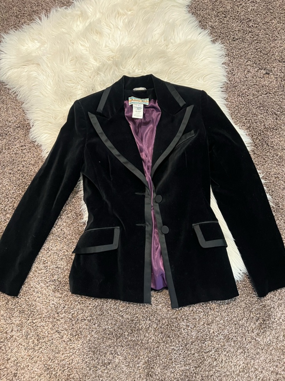 Allen B. by Allen Schwartz Black Velvet Blazer with Purple Lining